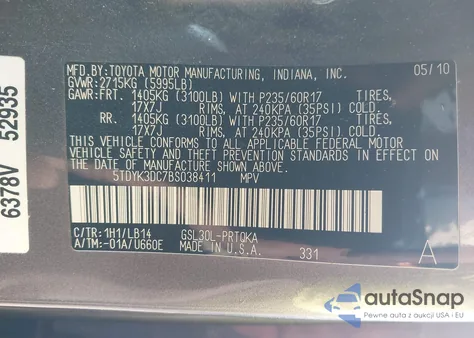 2011 Toyota Sienna Xle V6 from USA, damaged, VIN 5TDYK3DC7BS038411